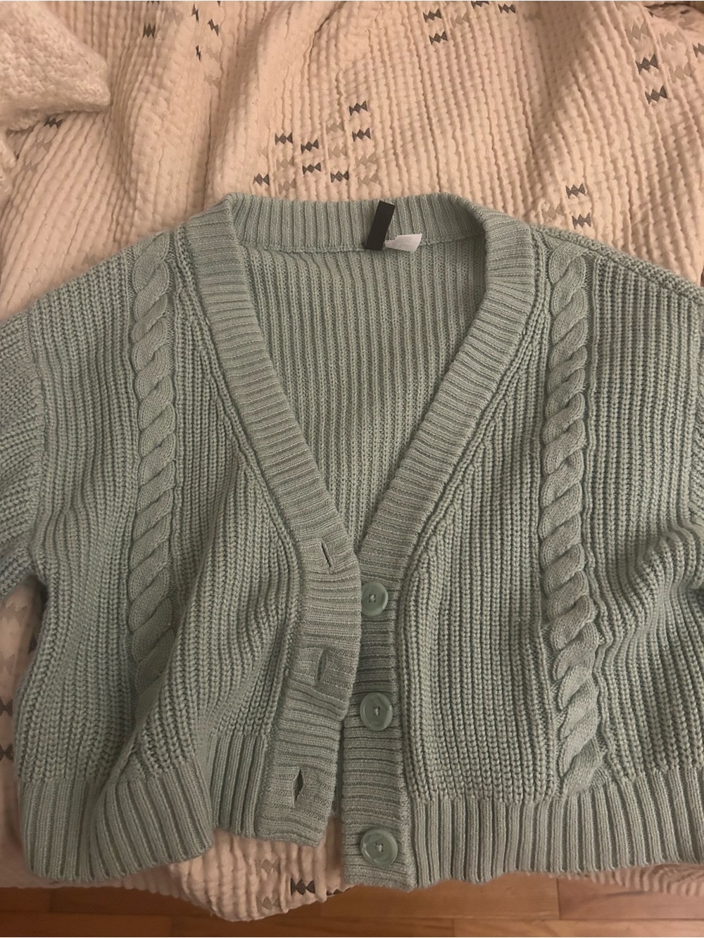 H&M Sage Green Cropped Cable Knit V-Neck Cardigan